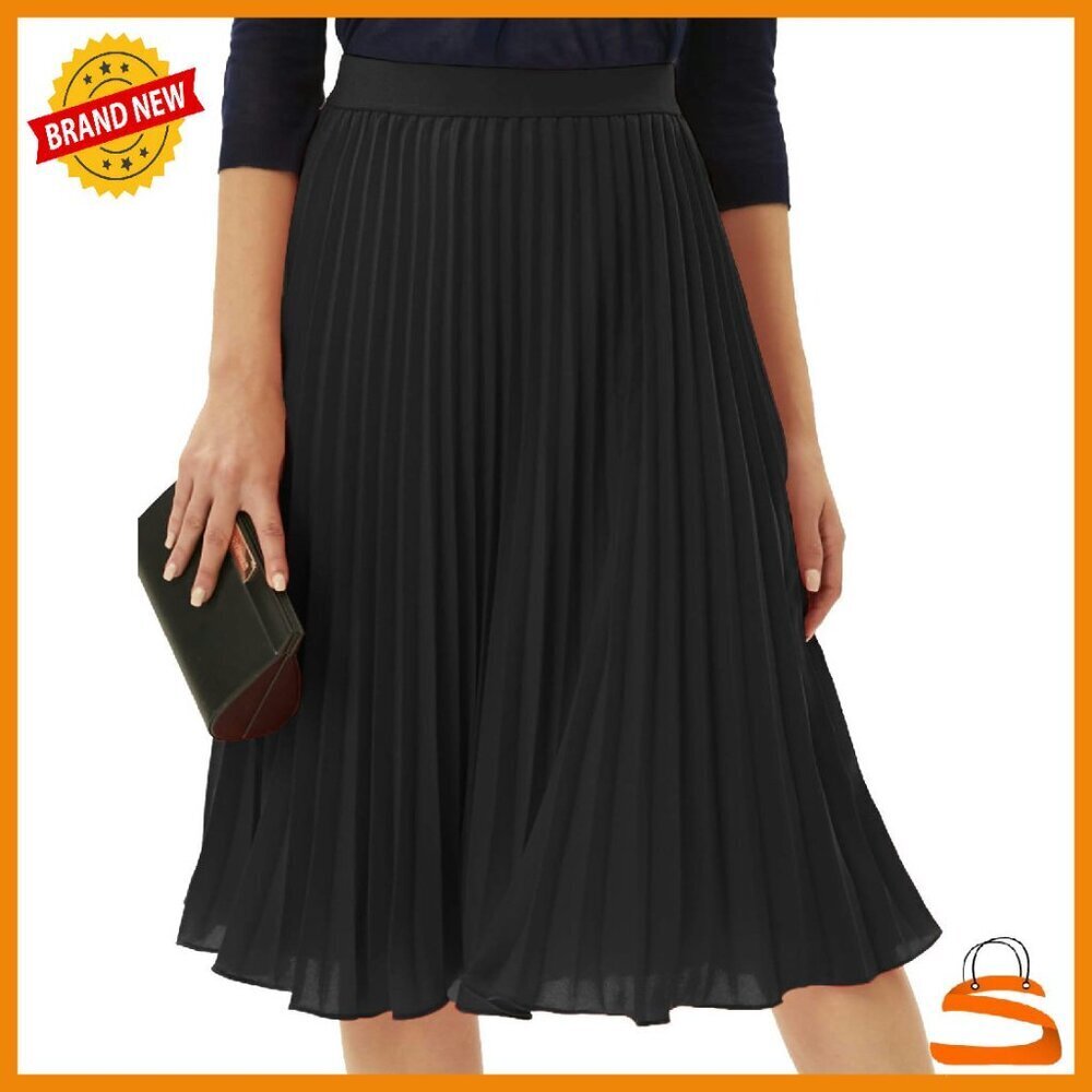 High Elastic Waist Pleated Chiffon Midi Skirt A-Line Swing